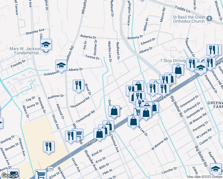 map of restaurants, bars, coffee shops, grocery stores, and more near 4103 Hazelwood Road in Hampton