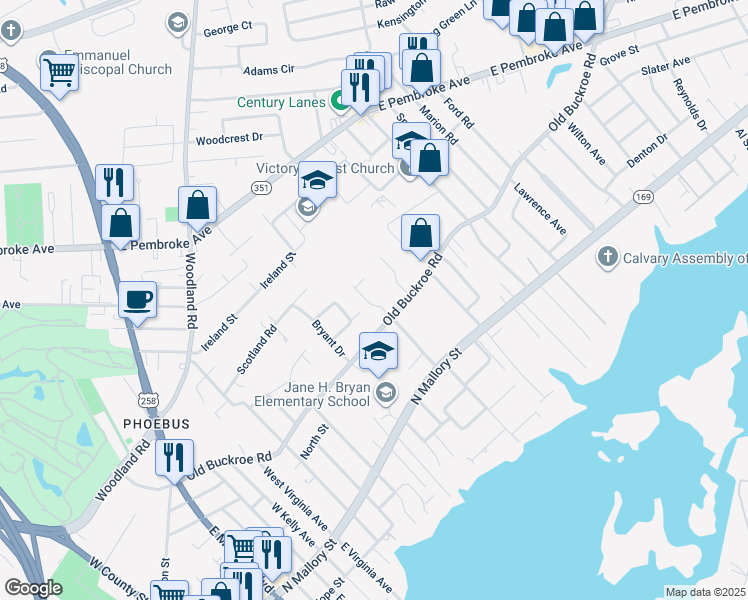 map of restaurants, bars, coffee shops, grocery stores, and more near 410 Institute Drive in Hampton