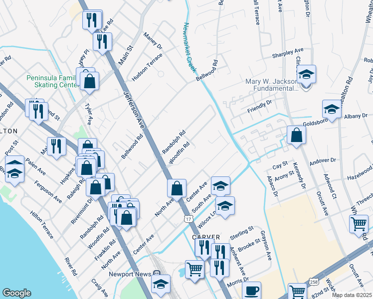 map of restaurants, bars, coffee shops, grocery stores, and more near 612 Woodfin Road in Newport News