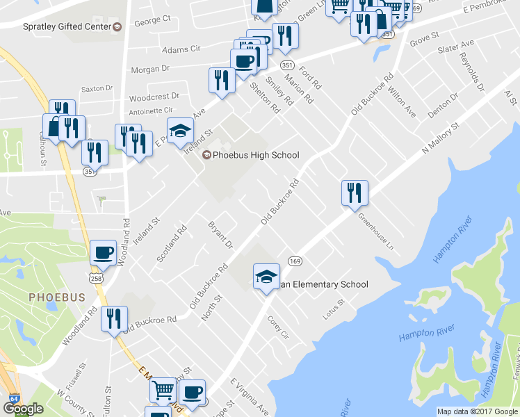 map of restaurants, bars, coffee shops, grocery stores, and more near 408 Institute Drive in Hampton