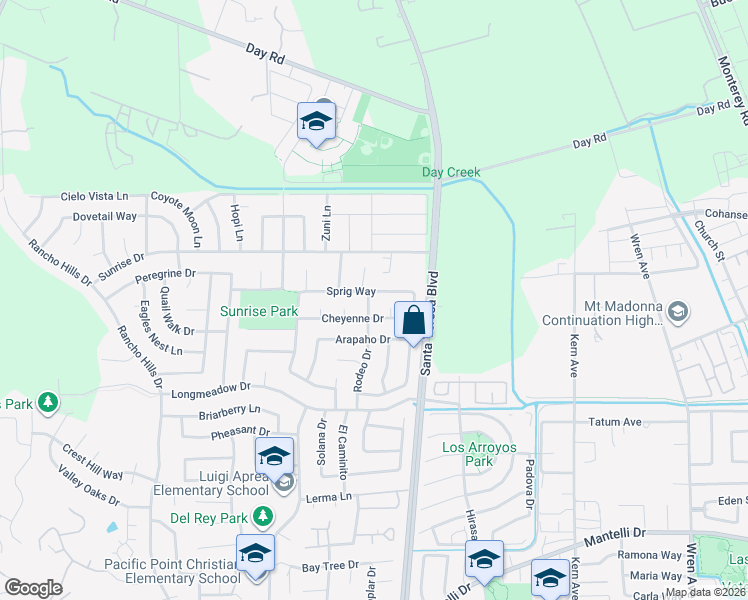 map of restaurants, bars, coffee shops, grocery stores, and more near 9642 Cherrywood Court in Gilroy