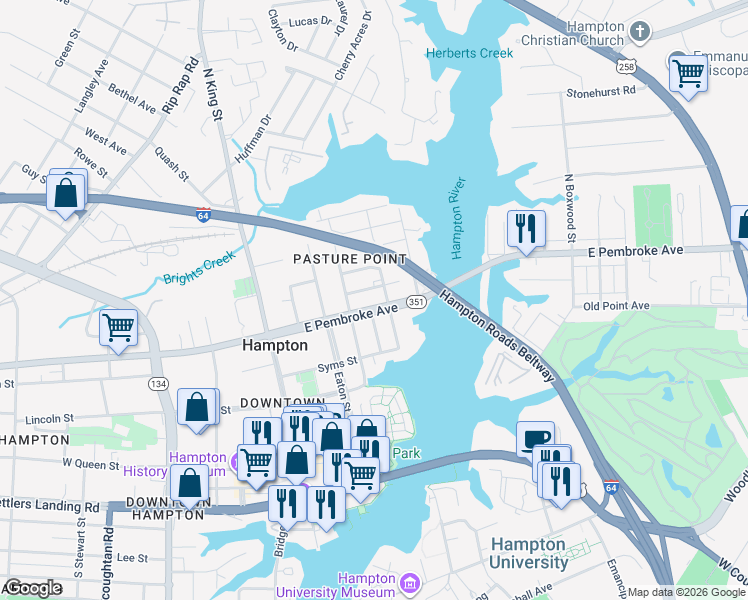 map of restaurants, bars, coffee shops, grocery stores, and more near 501 Marshall Street in Hampton