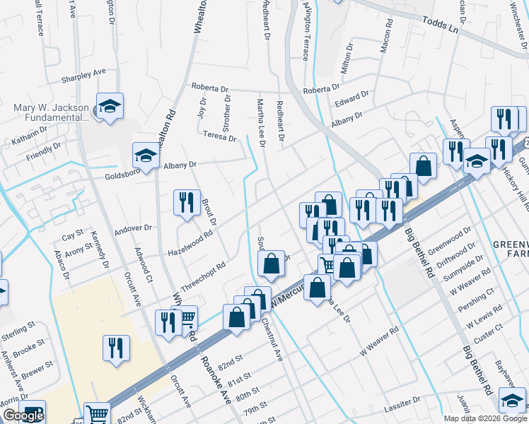 map of restaurants, bars, coffee shops, grocery stores, and more near 4103 Hazelwood Road in Hampton