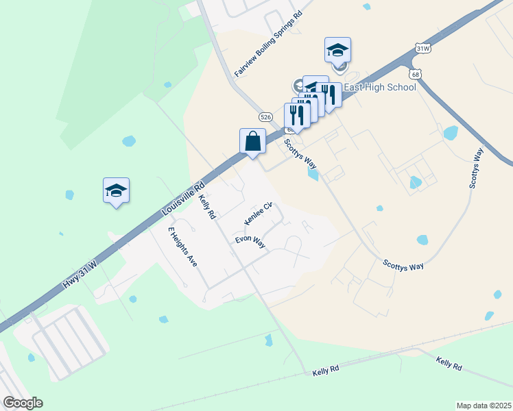 map of restaurants, bars, coffee shops, grocery stores, and more near 6550 Louisville Road in Bowling Green
