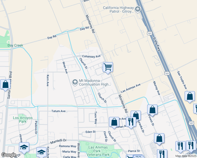 map of restaurants, bars, coffee shops, grocery stores, and more near 111 Farrell Avenue in Gilroy