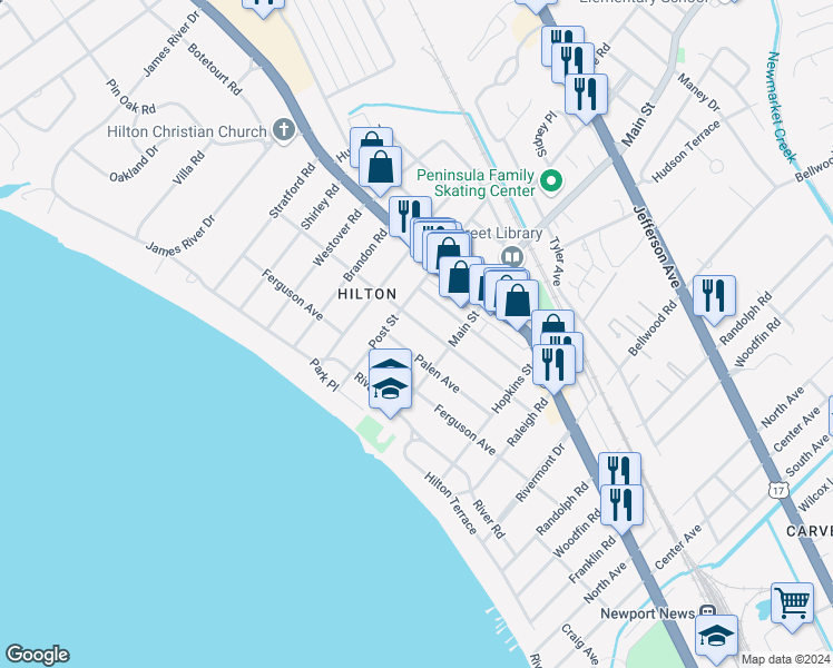 map of restaurants, bars, coffee shops, grocery stores, and more near 311 Hurley Avenue in Newport News