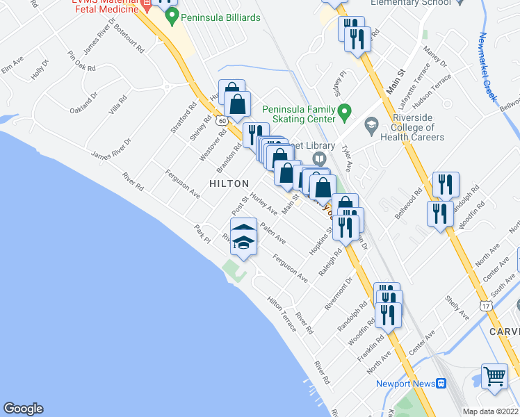map of restaurants, bars, coffee shops, grocery stores, and more near 311 Hurley Avenue in Newport News