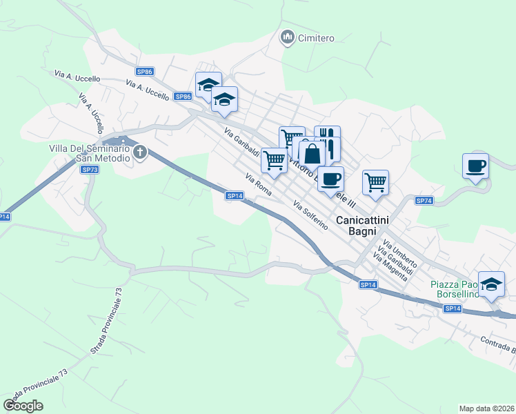 map of restaurants, bars, coffee shops, grocery stores, and more near 120 Via Silvio Pellico in Canicattini Bagni