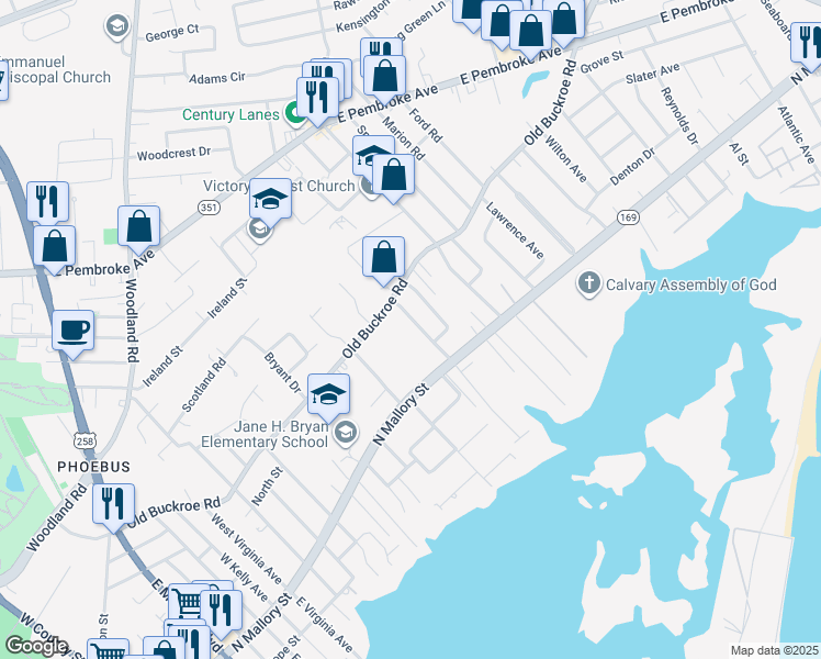map of restaurants, bars, coffee shops, grocery stores, and more near 20 Berkley Drive in Hampton