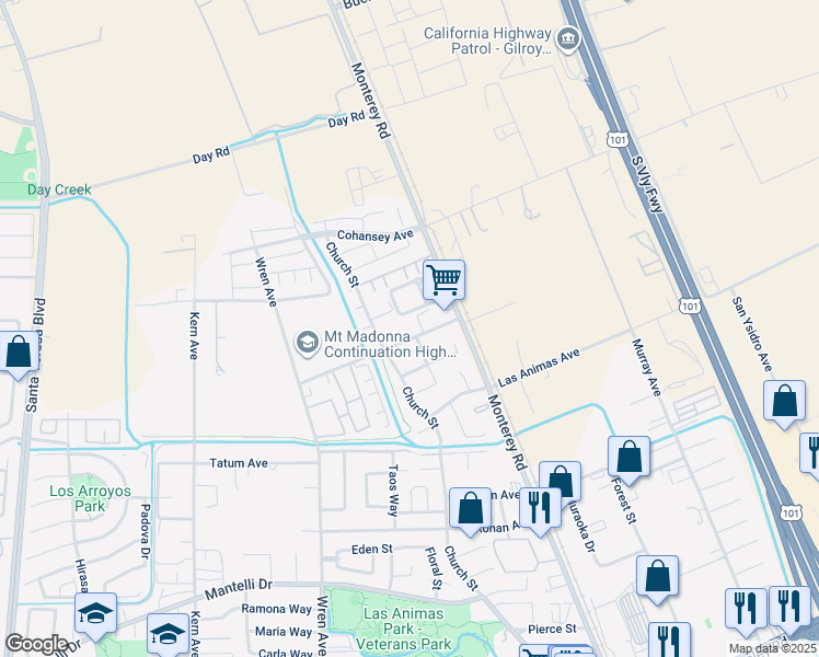 map of restaurants, bars, coffee shops, grocery stores, and more near 103 Farrell Avenue in Gilroy