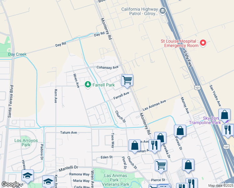 map of restaurants, bars, coffee shops, grocery stores, and more near 103 Farrell Avenue in Gilroy