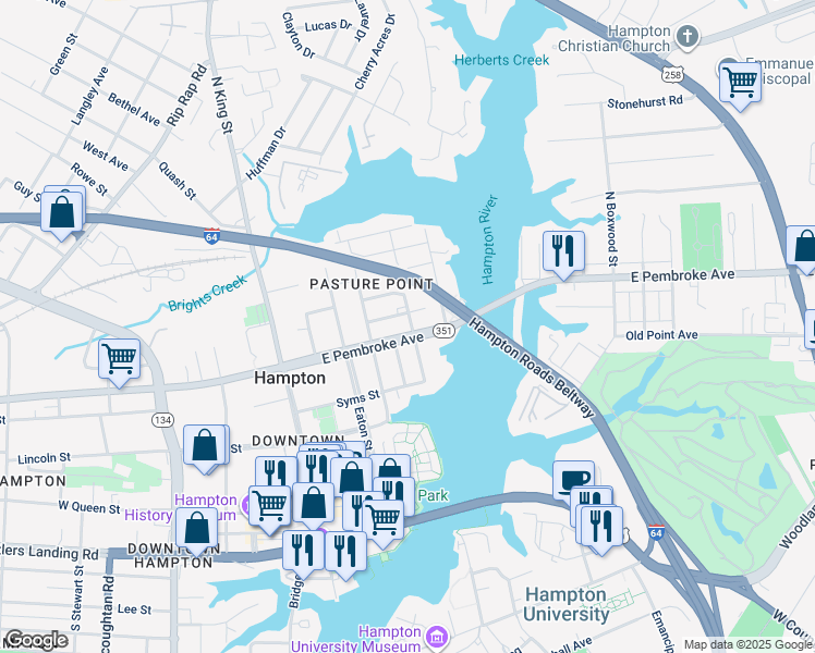 map of restaurants, bars, coffee shops, grocery stores, and more near 349 East Pembroke Avenue in Hampton
