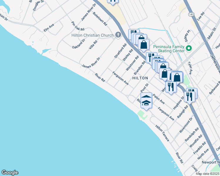 map of restaurants, bars, coffee shops, grocery stores, and more near 701 River Road in Newport News