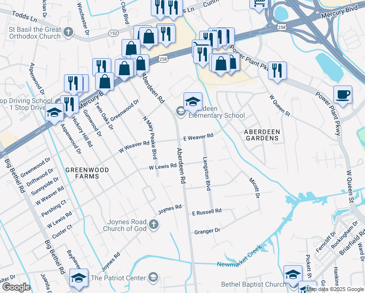 map of restaurants, bars, coffee shops, grocery stores, and more near 2 East Weaver Road in Hampton