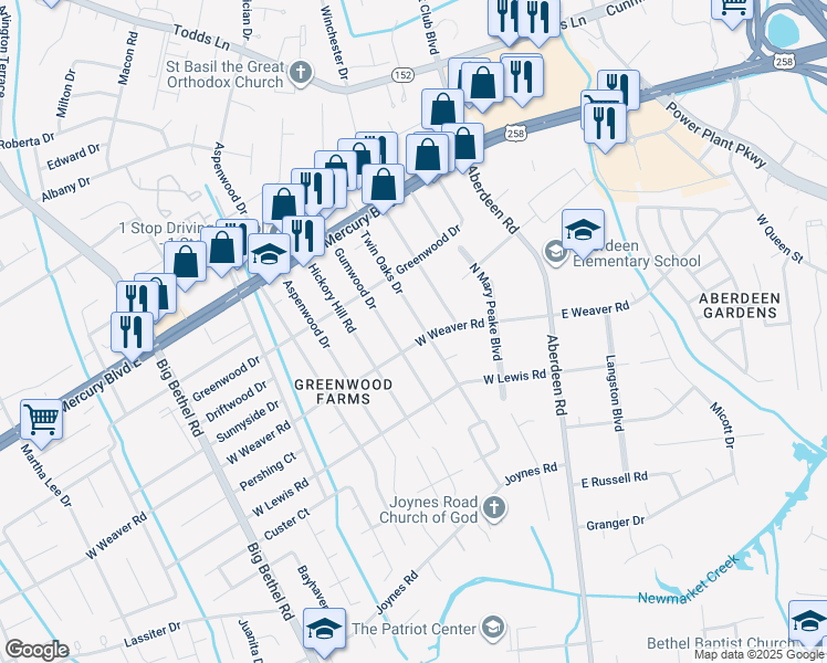 map of restaurants, bars, coffee shops, grocery stores, and more near 34 Twin Oaks Drive in Hampton