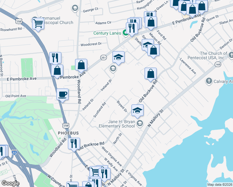 map of restaurants, bars, coffee shops, grocery stores, and more near 69 Scotland Road in Hampton