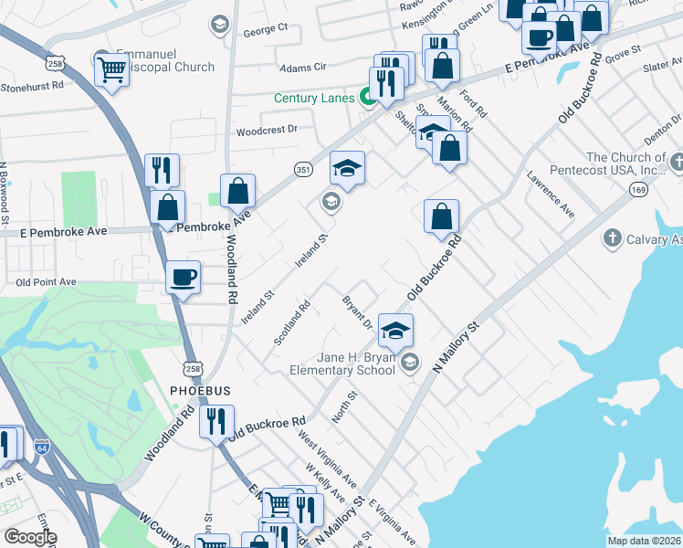 map of restaurants, bars, coffee shops, grocery stores, and more near 69 Scotland Road in Hampton