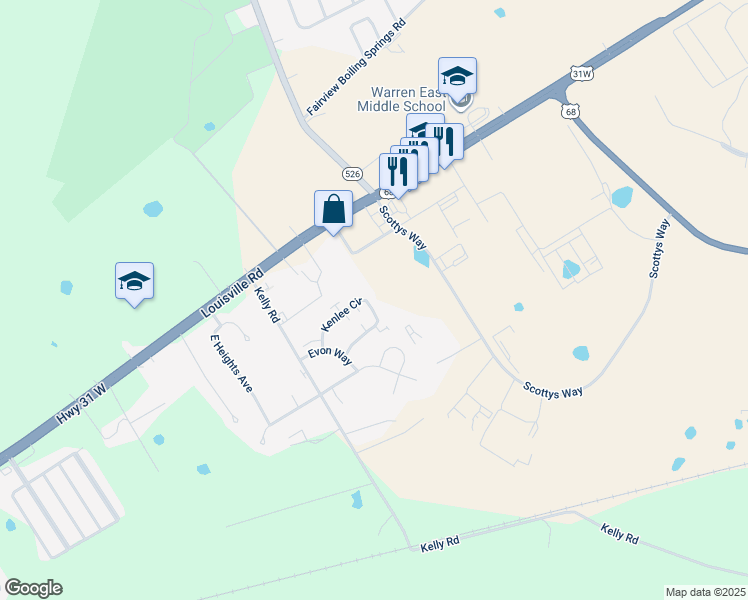 map of restaurants, bars, coffee shops, grocery stores, and more near Kenlee Cir in Bowling Green