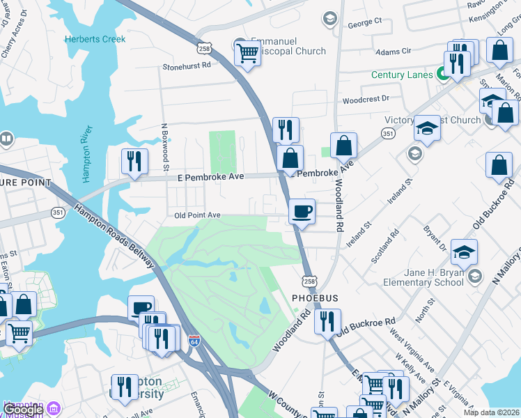 map of restaurants, bars, coffee shops, grocery stores, and more near 320 East Mercury Boulevard in Hampton