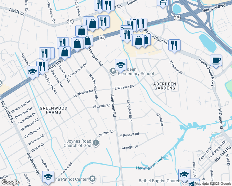 map of restaurants, bars, coffee shops, grocery stores, and more near 2 East Weaver Road in Hampton
