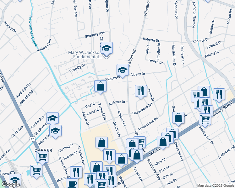 map of restaurants, bars, coffee shops, grocery stores, and more near 407 Samuelson Court in Newport News