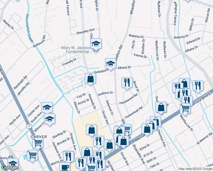 map of restaurants, bars, coffee shops, grocery stores, and more near 407 Samuelson Court in Newport News