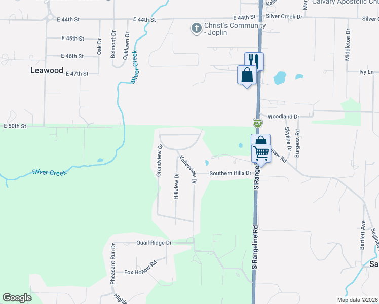 map of restaurants, bars, coffee shops, grocery stores, and more near 100-120 Valleyview Dr in Joplin
