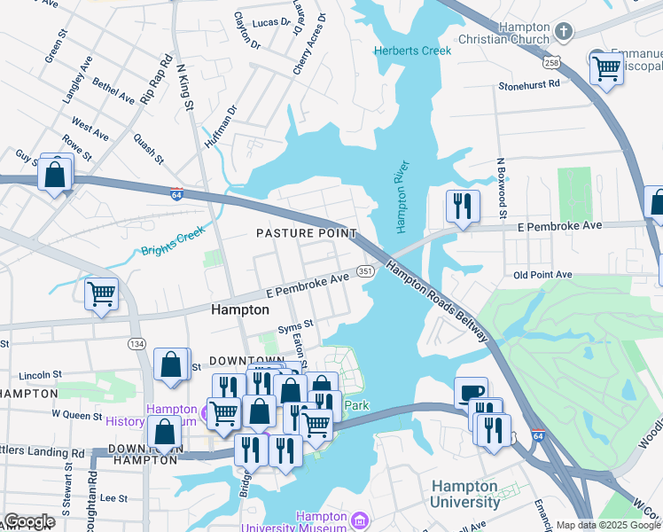 map of restaurants, bars, coffee shops, grocery stores, and more near 501 Marshall Street in Hampton