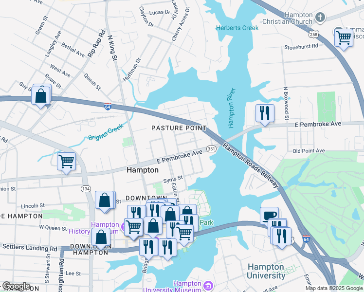 map of restaurants, bars, coffee shops, grocery stores, and more near 503 Washington Street in Hampton