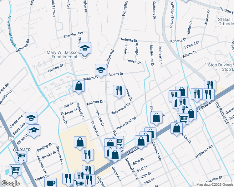 map of restaurants, bars, coffee shops, grocery stores, and more near 8 Staton Drive in Hampton