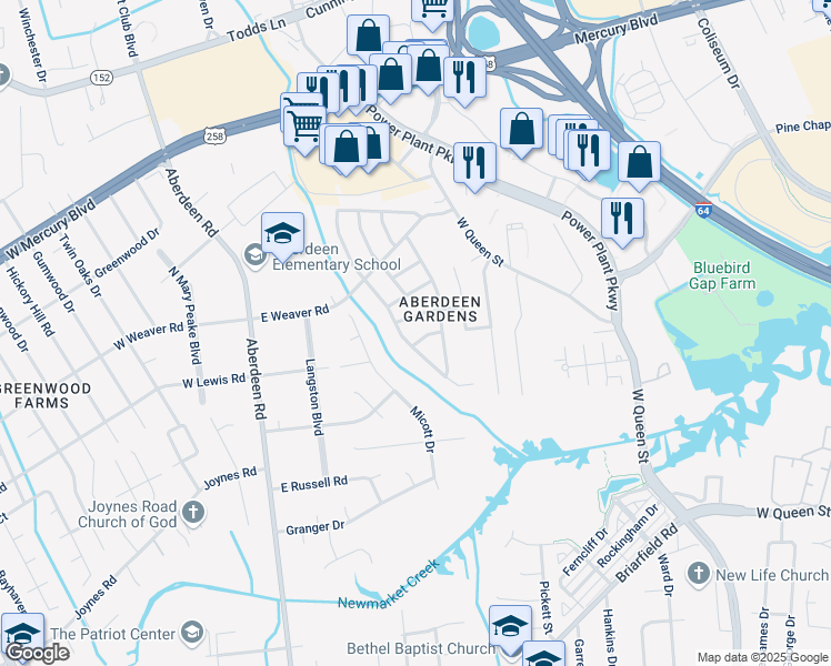 map of restaurants, bars, coffee shops, grocery stores, and more near 104 Winthrop Terrace in Hampton