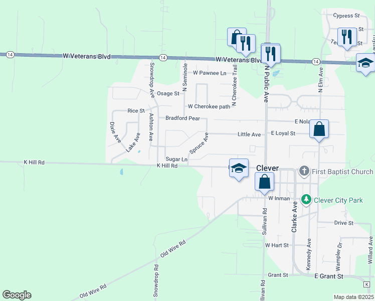 map of restaurants, bars, coffee shops, grocery stores, and more near 105 Spruce Avenue in Clever
