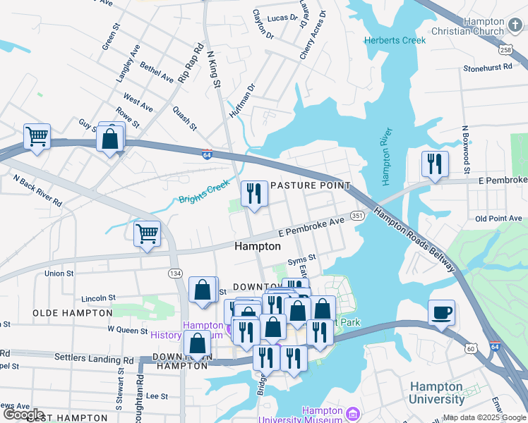 map of restaurants, bars, coffee shops, grocery stores, and more near 519 Wine Street in Hampton