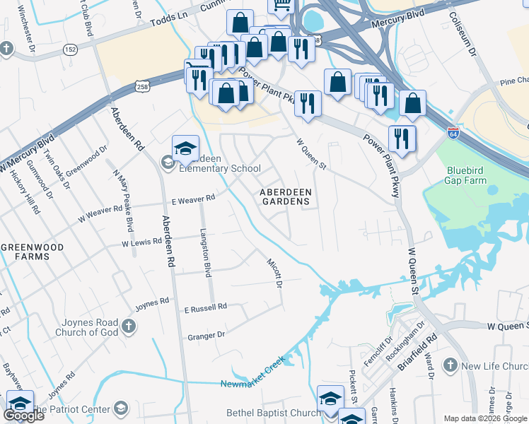 map of restaurants, bars, coffee shops, grocery stores, and more near 104 Winthrop Terrace in Hampton