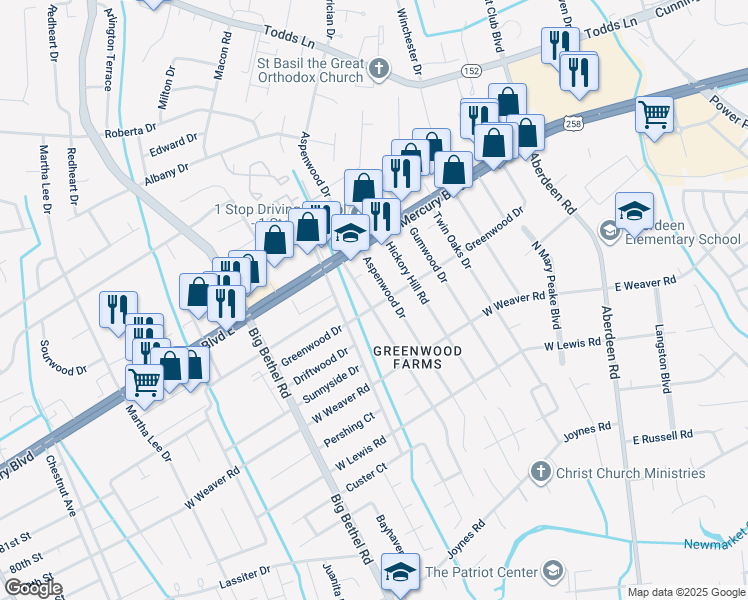 map of restaurants, bars, coffee shops, grocery stores, and more near 17 Woodbury Forrest Drive in Hampton