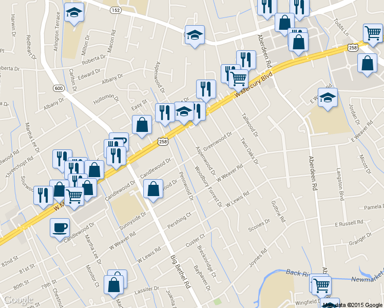 map of restaurants, bars, coffee shops, grocery stores, and more near 17 Woodbury Forrest Drive in Hampton