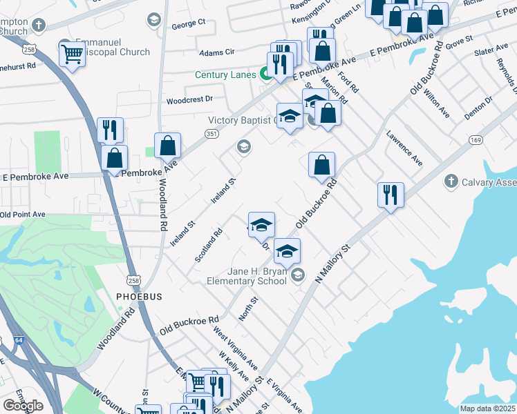 map of restaurants, bars, coffee shops, grocery stores, and more near 421 Institute Drive in Hampton