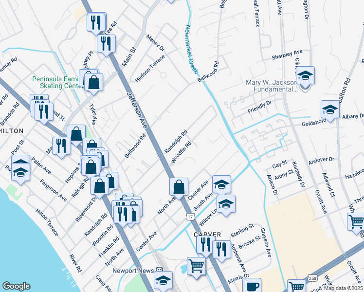 map of restaurants, bars, coffee shops, grocery stores, and more near 611 Woodfin Road in Newport News