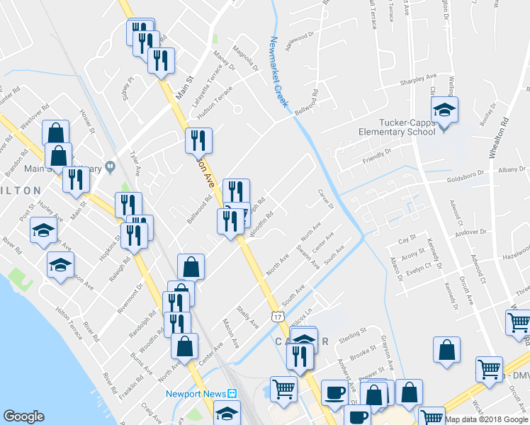 map of restaurants, bars, coffee shops, grocery stores, and more near 611 Woodfin Road in Newport News