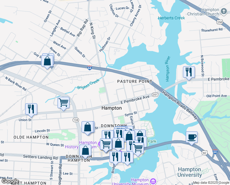 map of restaurants, bars, coffee shops, grocery stores, and more near 519 Wine Street in Hampton