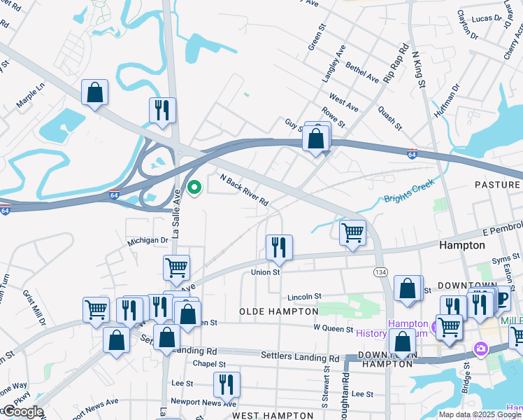 map of restaurants, bars, coffee shops, grocery stores, and more near 310 Maplewood Street in Hampton