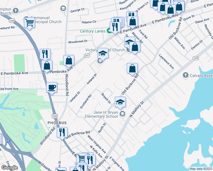map of restaurants, bars, coffee shops, grocery stores, and more near 421 Institute Drive in Hampton