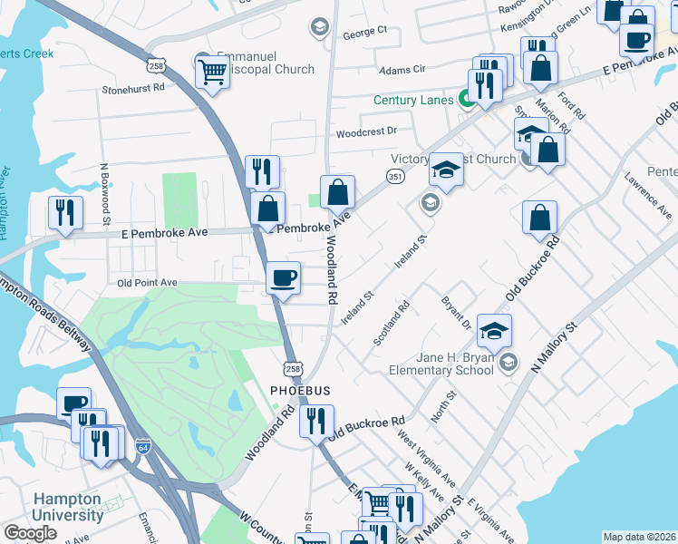 map of restaurants, bars, coffee shops, grocery stores, and more near 170 Woodland Road in Hampton