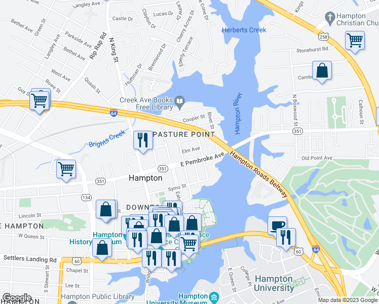 map of restaurants, bars, coffee shops, grocery stores, and more near 501 Marshall Street in Hampton