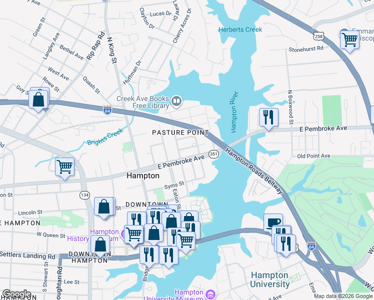 map of restaurants, bars, coffee shops, grocery stores, and more near 501 Marshall Street in Hampton