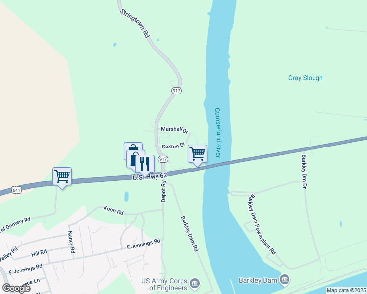 map of restaurants, bars, coffee shops, grocery stores, and more near Sexton Drive in Grand Rivers