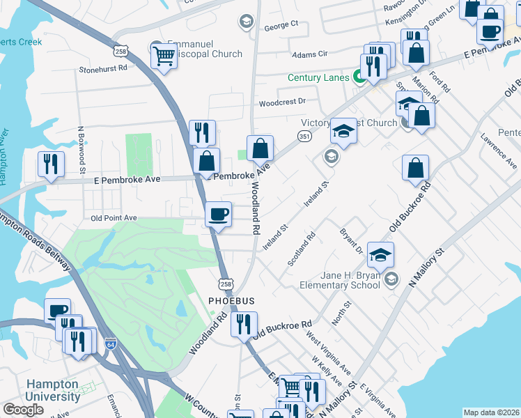map of restaurants, bars, coffee shops, grocery stores, and more near 170 Woodland Road in Hampton