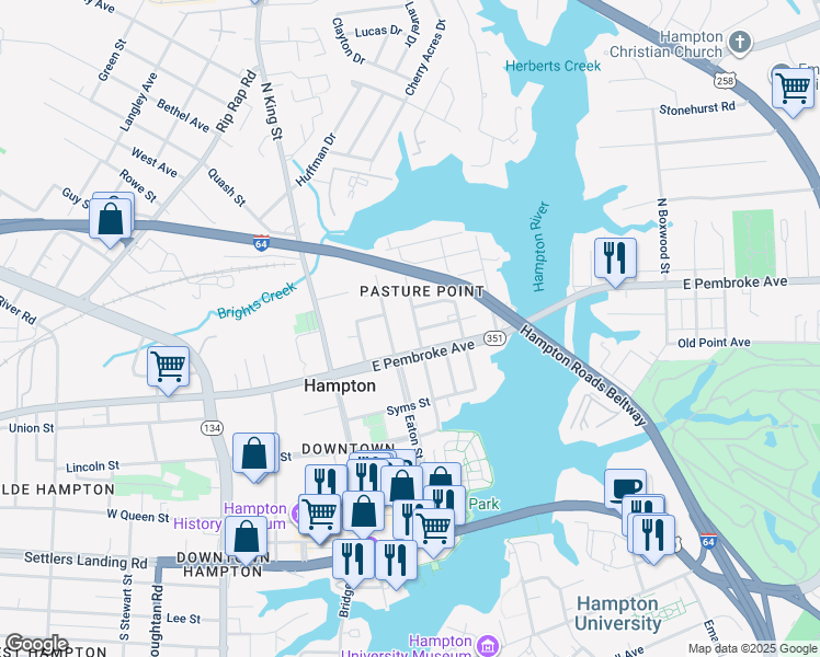 map of restaurants, bars, coffee shops, grocery stores, and more near 503 Washington Street in Hampton