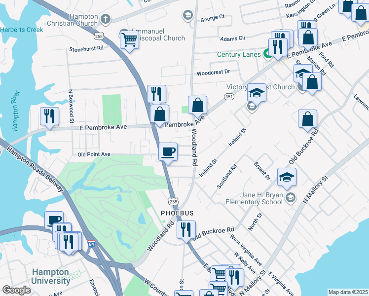 map of restaurants, bars, coffee shops, grocery stores, and more near 17 Godspeed Way in Hampton