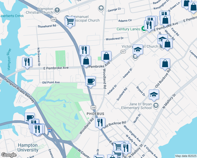 map of restaurants, bars, coffee shops, grocery stores, and more near 21 Godspeed Way in Hampton